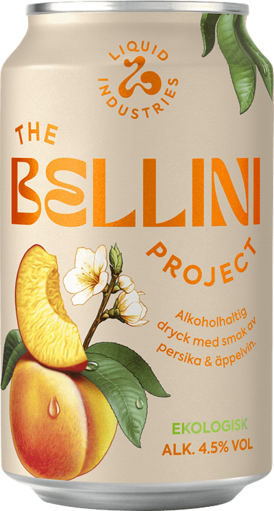 Burk med The bellini project som smakar persika och äppelvin från Liquid industries